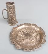 Burmese or Thai white metal embossed dish, diameter 13cm together with a similar double ended