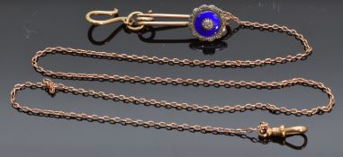 Victorian fob chain attached to a Victorian brooch set with blue guilloché enamel and diamonds