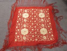 A 19th/20thC Chinese red shawl with embroidered chrysanthemum decoration and long fringe, 185 x