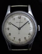 Movado gentleman's military wristwatch with blued hour and minutes hands, red arrow tipped seconds