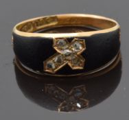 Victorian 15ct gold mourning ring set with black enamel and old cut diamonds in a cross, maker M &