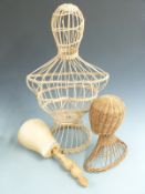 Two mannequin heads and female wicker mannequin bust, tallest example 81cm