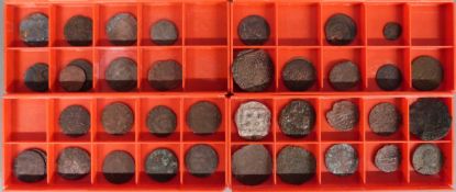 A collection of 17thC copper coinage to include Bristol farthing, hammered Charles I Scottish half