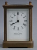 James Shoolbred and Co, Paris late 19thC/ early 20thC French brass carriage clock in corniche