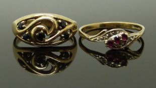 A 9ct gold ring set with sapphires and a 9ct gold ring set with rubies and diamonds, size P/Q & Q/R,