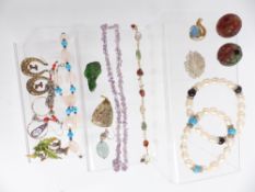 A collection of jewellery including 9ct gold earring, pearls, amethyst, rose quartz, etc