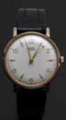 Smiths Everest 9ct gold gentleman's wristwatch with gold hands and Arabic numerals, silver dial