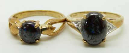 Two 9ct gold rings set with boulder opal, 5g, size N