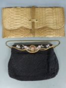 Vintage finely beaded black evening bag and a crocodile skin clutch bag, largest 14 x 29cm