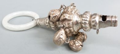 Edward VII hallmarked silver babies rattle with whistle, bells and teething ring, Chester 1908 maker