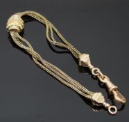 A 19thC 15k gold three strand leontine/ fob chain with bi-coloured fittings, 6.2g