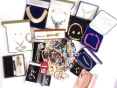 A collection of jewellery including silver necklace, large leopard brooch, etc