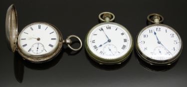 Three pocket watches one hallmarked silver full hunter the other two keyless winding open faced,