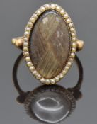 Victorian mourning ring set with hair surrounded by seed pearls, size P, 4.78g