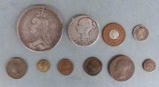 Ten Victoria coins to include Jubilee crown, commemorative coin, model penny, halfpenny and half