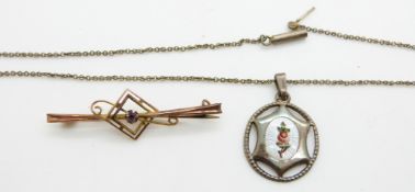 Charles Horner pendant set with enamel and a 9ct gold brooch (0.8g)