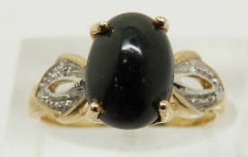 A 9ct gold ring set with an oval Mezezo opal cabochon and diamonds, 3.1g, size N