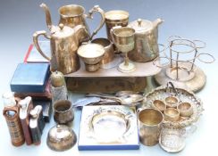 Plated ware including an ornate wine coaster or bowl, cased sets of cutlery, cocktail shaker,