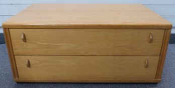 Skovby style retro light elm or similar two drawer low cabinet, W90 x D58 x H40cm