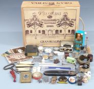 Collectables to include pocket watches, pin stand, map measurer, spectacles in case, lighter,