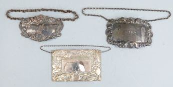 Three various hallmarked silver bottle tickets or labels, weight 40g