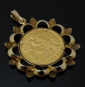 A 1925 gold half sovereign, with South Africa mint mark, in 9ct gold pendant mount, 6.2g