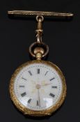 Continental 18ct gold ladies keyless winding open faced fob watch with gold hands, black Roman