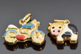 Two 9ct gold and enamel charms, one in the form of a cow and the other a motorbike, 2.8g