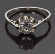 Art Deco platinum ring set with a round cut diamond of approximately 0.6ct, size K/L, 2.25g