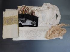 Edwardian black scarf/shawl with embroidered decoration, velvet trim and fringed border, an ivory