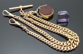 Victorian 9ct gold double Albert with hardstone swivel fob set with agate and bloodstone, 54.2g