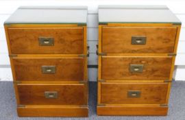 Pair of campaign style bedside chests of three drawers with brass handles, each W46 x D37 x H65cm