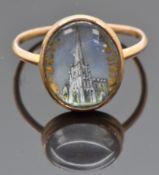 Georgian / Victorian mourning / love token ring set with a painted miniature of a cathedral, verso