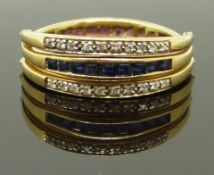 A 9ct gold folding eternity ring set with diamonds, sapphires and rubies, size M, 3.32g