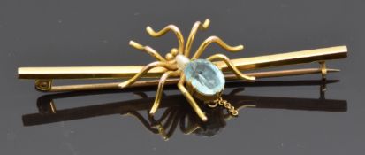 Victorian yellow metal brooch in the form of a spider set with an aquamarine and a pearl, 3.8g