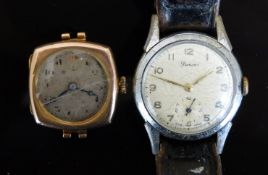 Swiss 9ct gold wristwatch with blued Breguet hands, Arabic numerals, silver dial and cushion