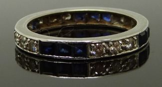 Art Deco platinum eternity ring set with square cut sapphires and round cut diamonds, size L, 2.95g