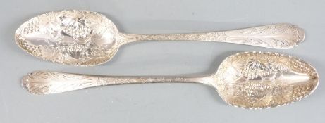 Two Georgian hallmarked silver berry spoons with vine decoration, different dates and makers circa