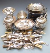 Silver plate to include cased and loose cutlery, ornate teapot, swing handled oval basket etc