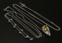 A 9ct white gold necklace set with tanzanites and a 9ct gold pendant set with topaz and diamonds,