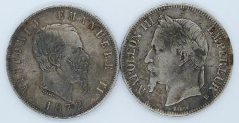 Napoleon III 1869 five francs together with a Victorio Emanuele 1876 five lira
