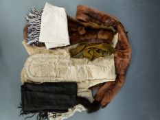 Four Victorian/Edwardian scarves / shawls, including lace and silk, fur stole and a Victorian