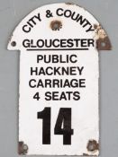 City & County Gloucester Hackney Carriage enamel sign, height 15cm