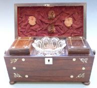 19thC sarcophagus shaped mother of pearl inlaid rosewood tea caddy with fitted interior, width 33cm