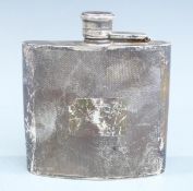 Hallmarked silver hip flask of curved form with engine turned decoration and bayonet cap, Birmingham
