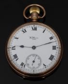 Waltham 9ct gold keyless winding open faced pocket watch with black Roman numerals, inset subsidiary