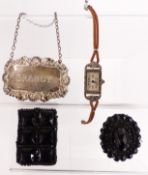 Art Deco silver and marcasite ladies cocktail watch, two pieces of 19thC French jet and silver