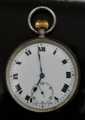 Swiss silver keyless winding open faced pocket watch with subsidiary seconds dial, blued hands,