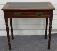 Mahogany hall table with inlaid leather top, single drawer and brass drop handles, raised on