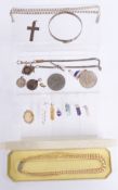 A collection of silver jewellery including Edwardian cross pendant, two fobs, bangle, agate